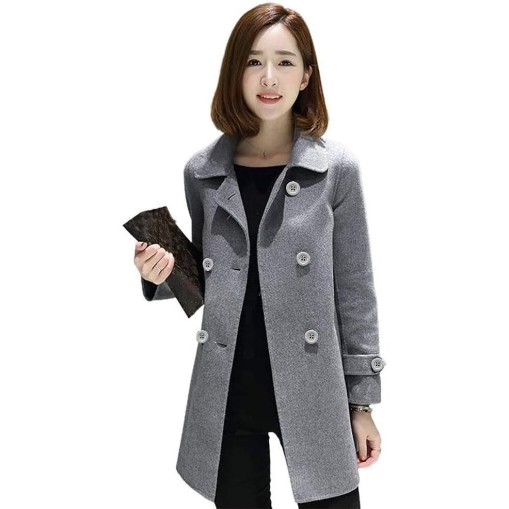 ✨Ylingjun Women Grey Double Breasted Wool Jackets Casual Fit Pea Coat Outwear